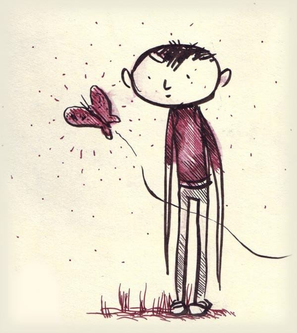 Ink drawing in black and red of a boy in a sweater standing in the grass, specks in the air around him and a red-winged insect at his shoulder.