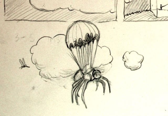 Pencil sketch of a spider hanging beneath a parachute among puffy clouds, with a small insect flying by.