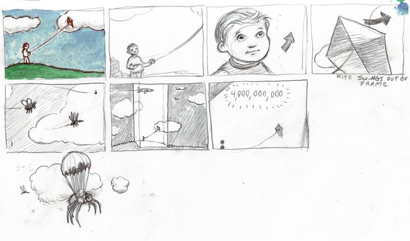 A page of pencil storyboard thumbnails, some washed with color: a kite in the sky, a boy looking up, insects, and a panel reading 4,000,000,000.