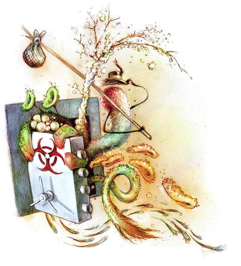 Ink and watercolor: green, worm-like viruses burst out of a laboratory safe marked with a biohazard sign and stream away, a bundle on a stick slung over them like runaways.
