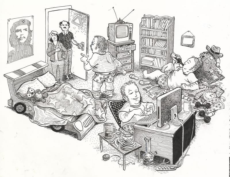 A detailed ink drawing of a cluttered bedroom with a race-car bed, an old television, bookshelves and heaps of laundry, where grown men lounge, game and sleep while an older couple looks in from the doorway.