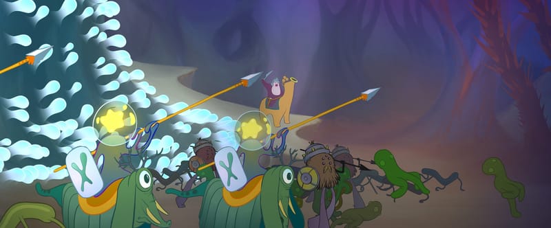 A frame from the film: microbe soldiers in bubble helmets ride green creatures into battle, spears raised.
