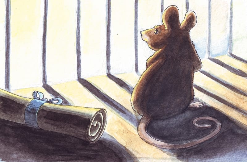 A brown mouse, seen from behind, sits on a sunlit sill behind window bars beside a rolled-up letter.