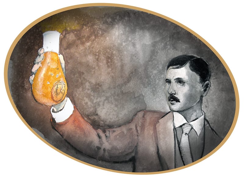 A mustached man in a brown suit holds up a glass flask of orange liquid with a gold medal dissolving inside, framed in an oval.