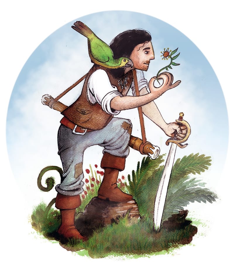 A bearded pirate with a green parrot on his shoulder rests a boot on a rock and studies a small flowering plant, his cutlass planted in the ground beside him.