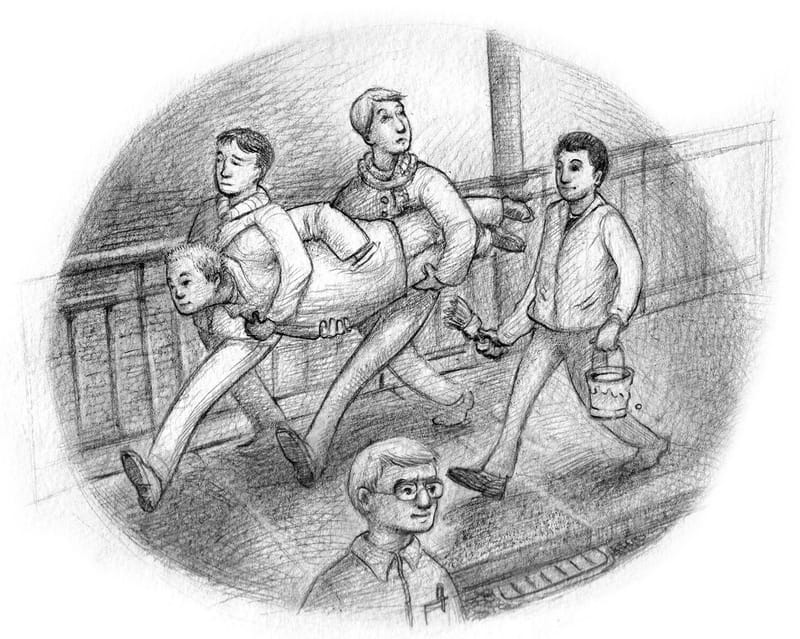 Pencil drawing in an oval vignette of young men carrying a friend held stiff as a plank across a bridge, while another walks ahead with a paint can.
