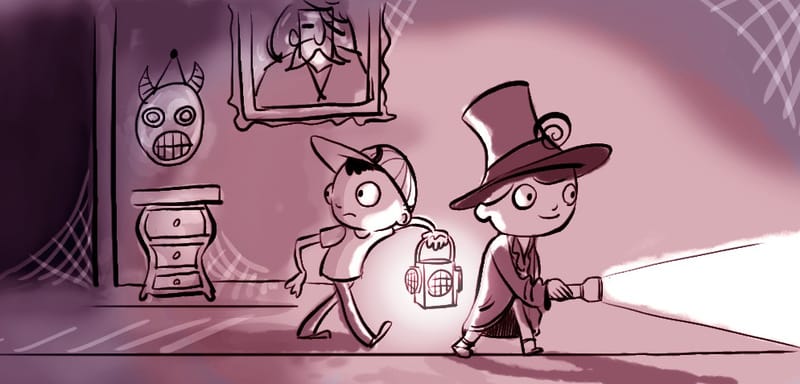 In a dim pink hallway hung with a portrait and a horned mask, a child in a tall top hat shines a flashlight while a smaller child in a cap clutches a glowing lantern.