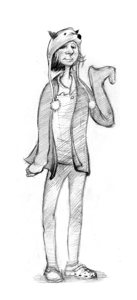 Pencil character design of a lanky teenager in sandals and a long hoodie with animal ears, one hand to the hood.