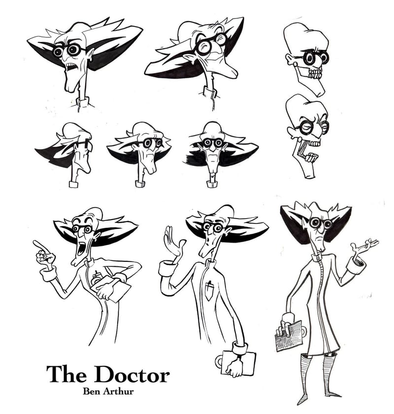 An ink character sheet of a gaunt doctor with round glasses, a lab coat and enormous swept-back hair, in a dozen poses and expressions.