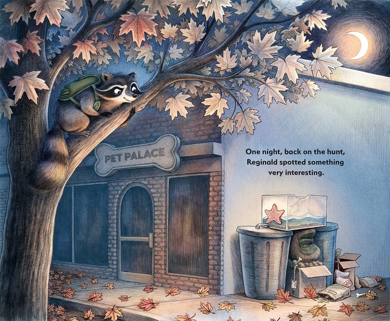 On a moonlit autumn night Reginald climbs a maple outside the Pet Palace and spots a sea star in a cracked fish tank on top of the trash cans. The text reads: One night, back on the hunt, Reginald spotted something very interesting.