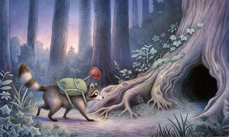 Reginald, a red plunger sticking out of his backpack, walks through a violet dusk forest toward the hollow at the foot of an enormous tree.