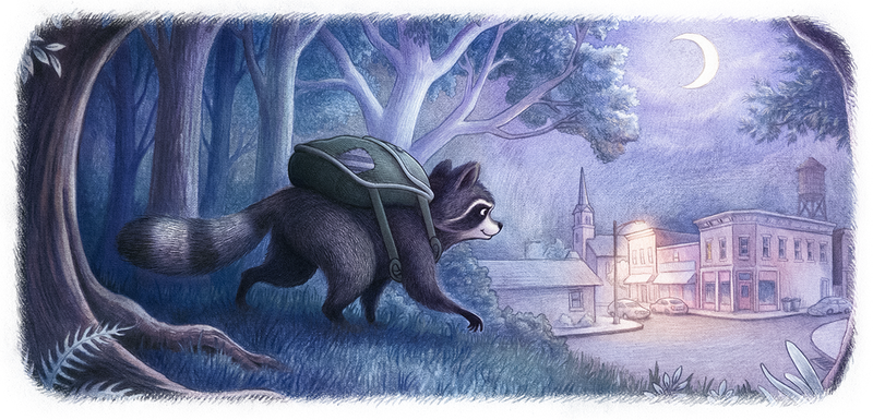Reginald, in his green backpack, creeps out of the moonlit woods toward a small town with a church steeple and a water tower.