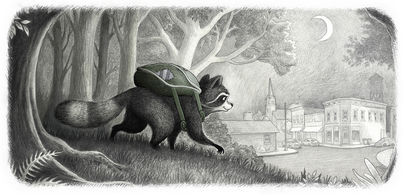 Reginald, in his green backpack, creeps out of the moonlit woods toward a small town with a church steeple and a water tower. The picture turns from a graphite drawing into the finished color art.