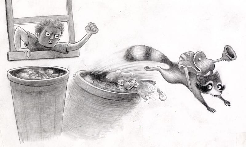Pencil drawing of Reginald bursting out of a trash can with a plunger in his backpack, while a boy shakes his fist from a window.