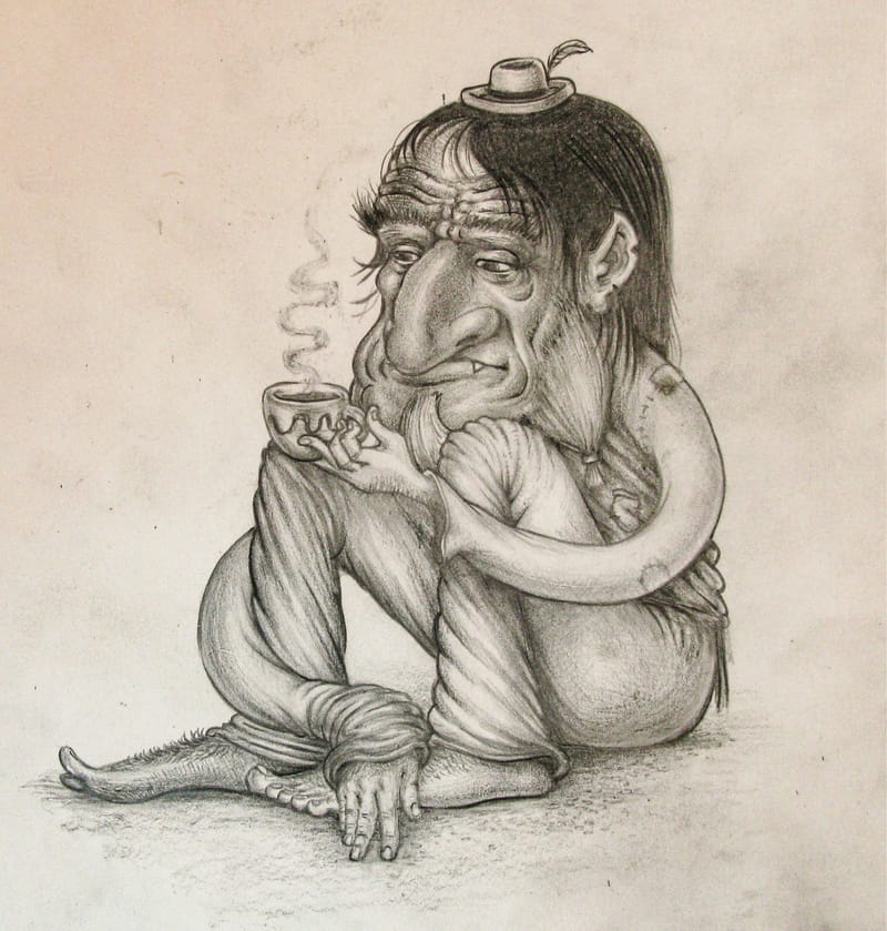 Pencil drawing of a long-nosed troll in a tiny hat, sitting on the ground hugging his knees and holding a steaming teacup.