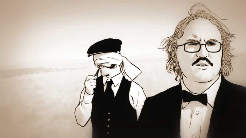 The blindfolded man in a flat cap stands beside Schaeffer, in glasses and a bow tie, in a wide sepia field.