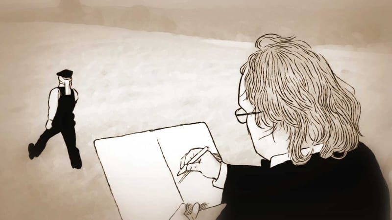 Schaeffer sketches on a pad as the blindfolded man strides off across the field.